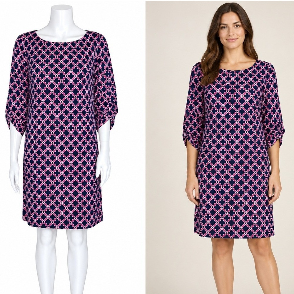 Laundry by Shelli Segal Dress Women S Navy Pink Geometric Shift 3/4 Sleeve Lined